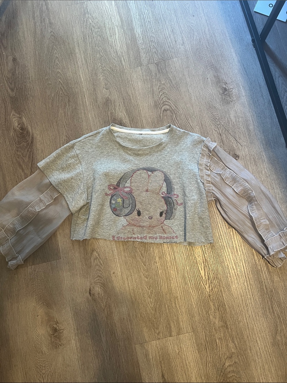 Y2K Women’s ' Gray Crop Top with Sheer Pink Sleeves and Bunny Graphic